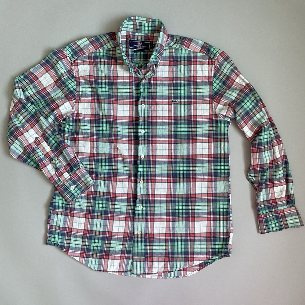 VINEYARD VINES Whale Shirt M Button Down Plaid Long Sleeve 100% Cotton Preppy